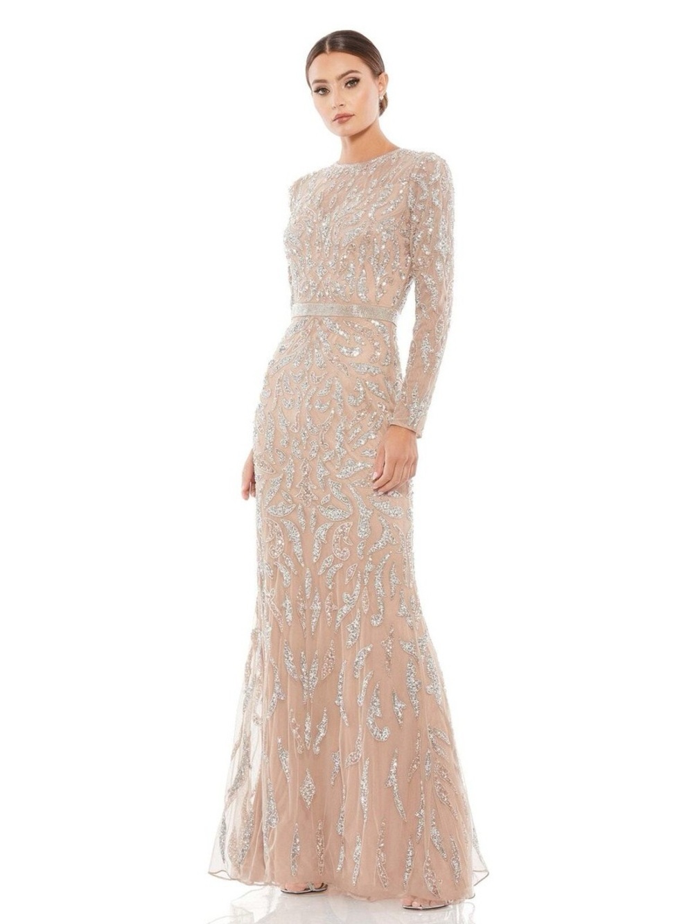 Mac Duggal 5124 BEADED LONG SLEEVE EVENING GOWN size 8 Mocha NEW